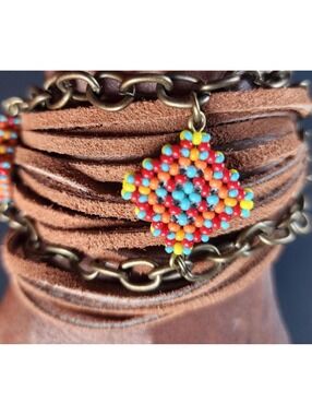 Colorful Beaded and Leather Bracelet with chains
